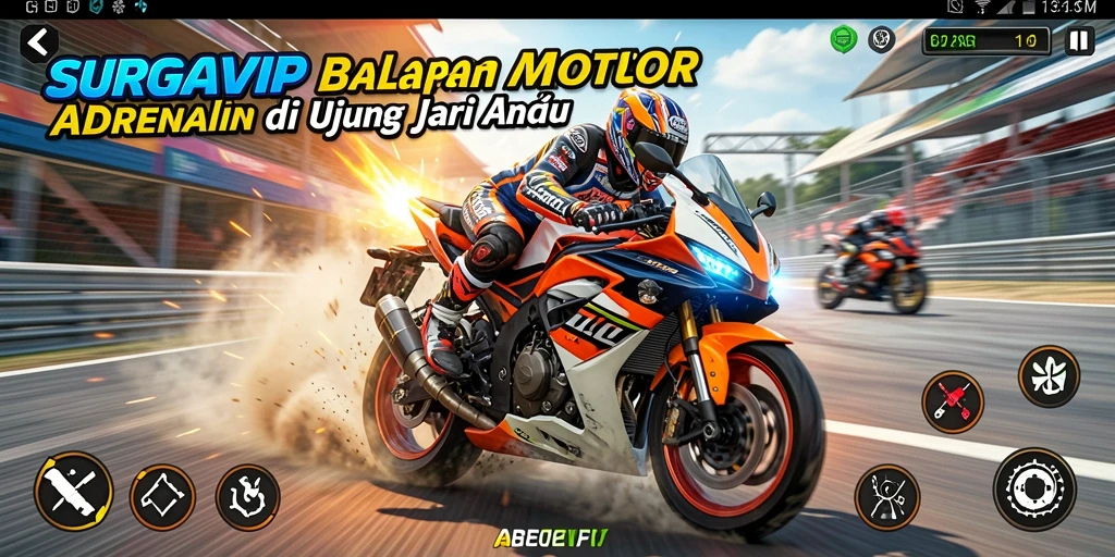 Screenshot gameplay SURGAVIP dengan aksi balapan motor yang intens.