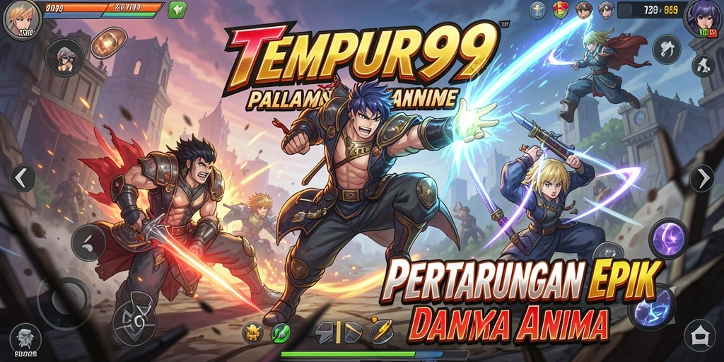 Screenshot TEMPUR99 menampilkan aksi pertarungan karakter anime yang menegangkan.
