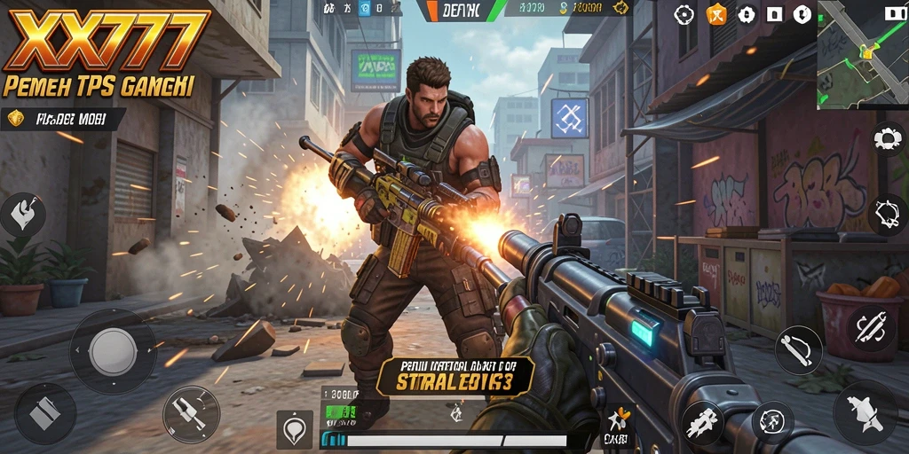 Tampilan menarik dari aksi gameplay XXX777 dalam mode TPS.